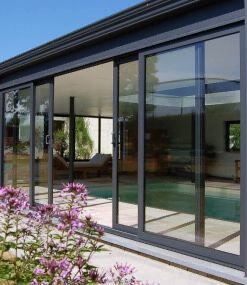 CỬA LÙA 4 CÁNH MÀU XÁM - KẾT HỢP VÁCH KÍNH X08